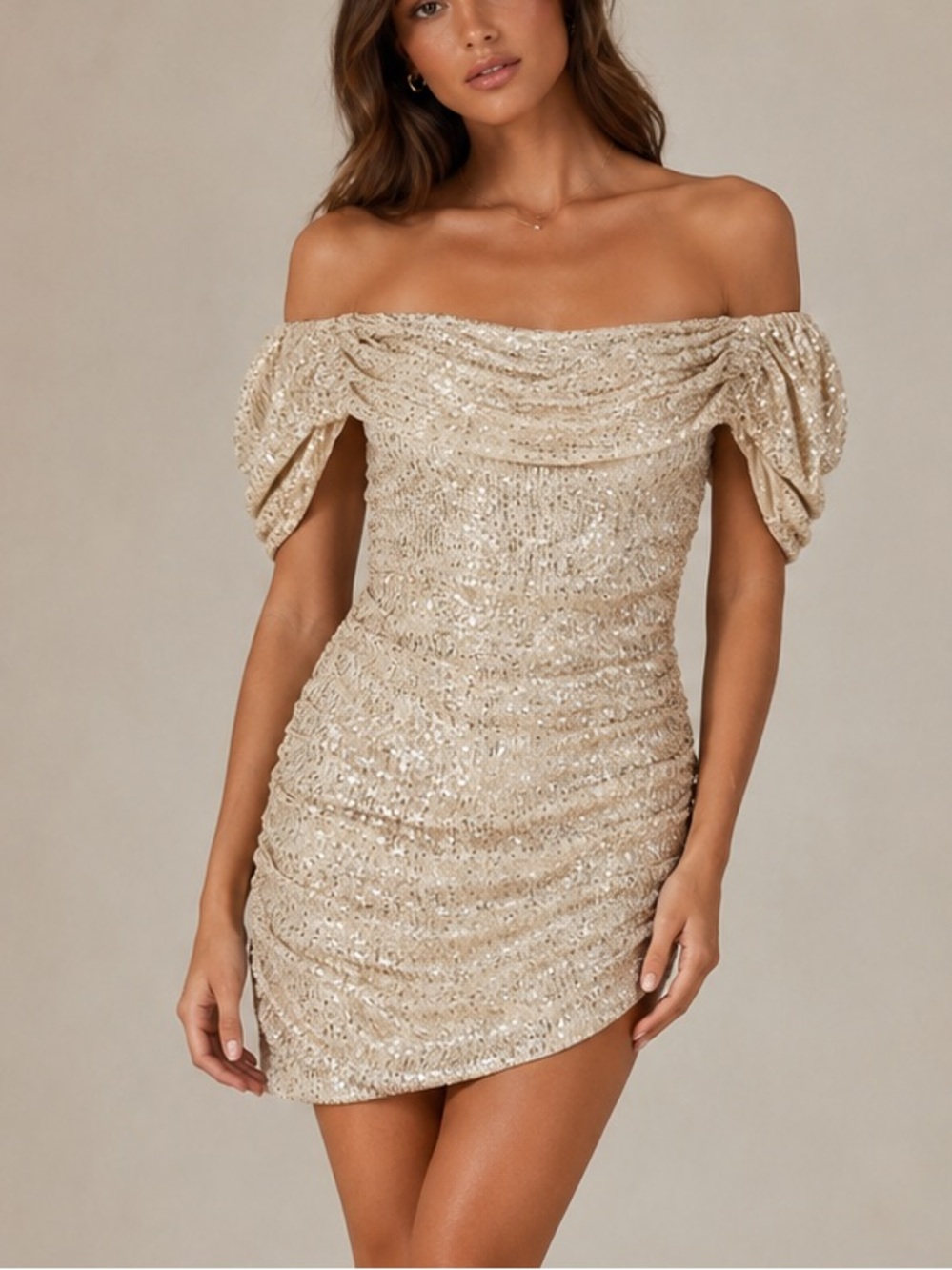 Hello Molly Off-Shoulder Sequin Mini Dress in Champagne
